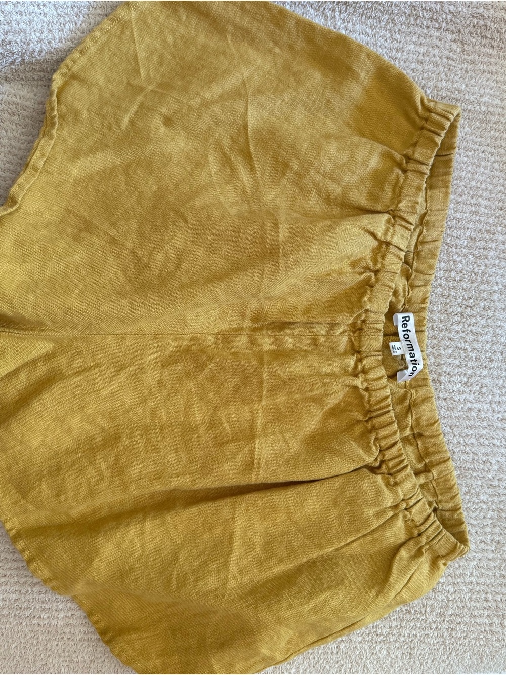 Reformation Mustard Yellow Elastic-Waist Linen Shorts - Picture 1 of 3